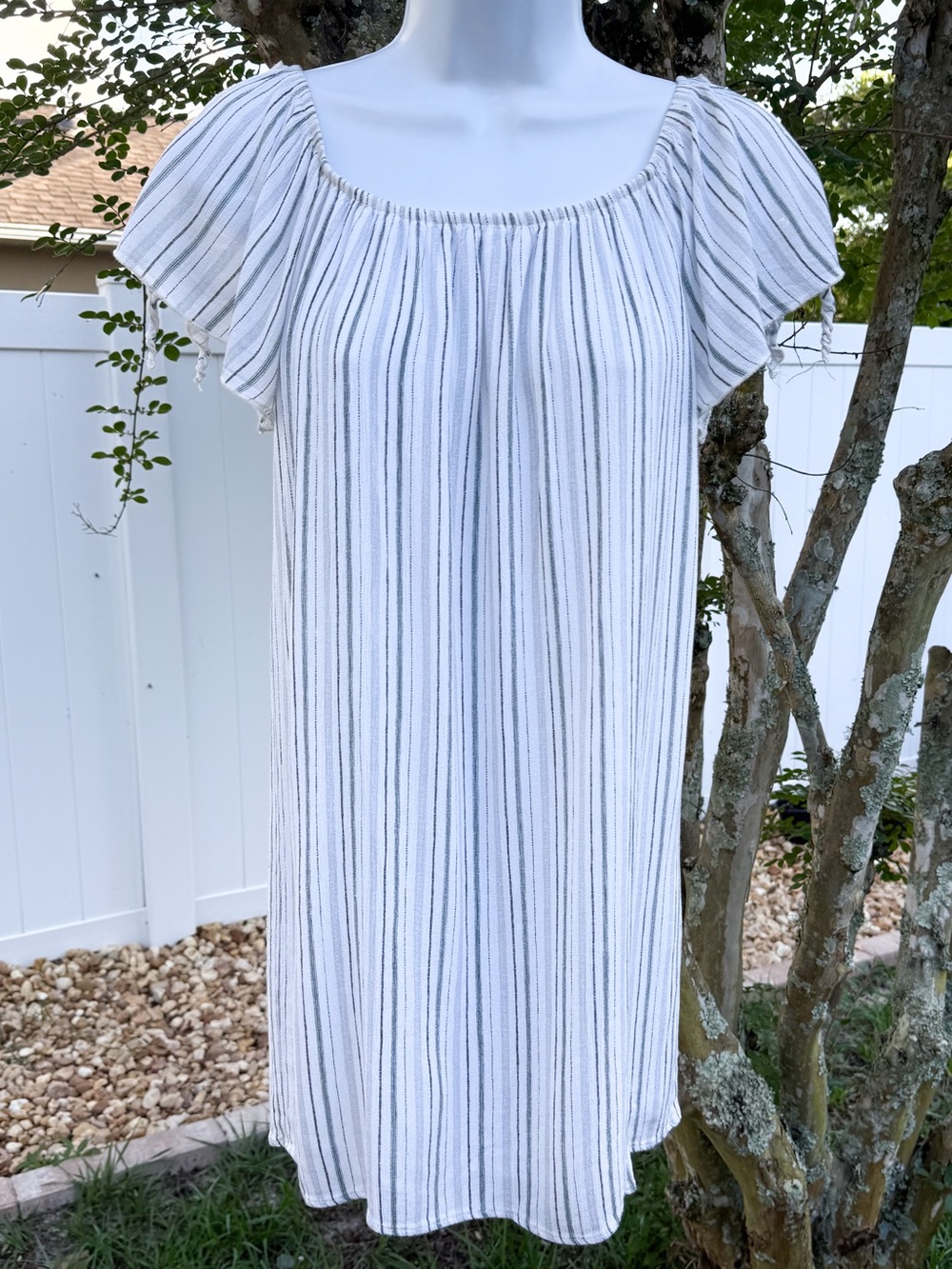 Sadie & Sage White Stripe Cold Shoulder Mini Dress S/M Boho Cottagecore